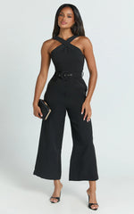 Tracy Jumpsuit - Diamond Neck Belted Straight Leg Jumpsuit in Black