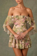 Birdie-Off-Shoulder Ruffled Mini Dress in Floral Multi Print