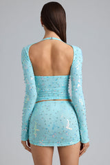 Willow-Ruched Mid-Rise Micro Mini Skirt in Ice Blue