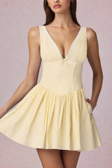 Marissa-Bow-Detail A-Line Mini Dress in Lemon Yellow Stripe