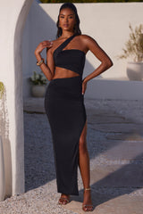 Suvi-Asymmetric Neckline Ruched Cut Out Maxi Dress in Black