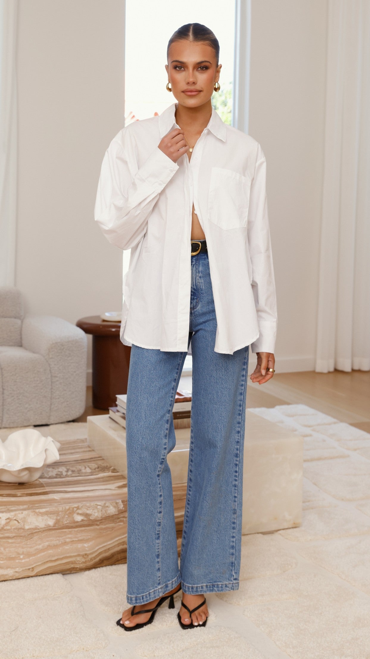 Charla Button Up Poplin Top - White