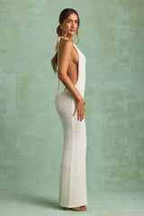 Mirri-Bouclé Halterneck Maxi Dress in White