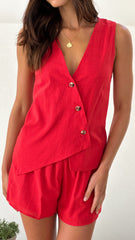 Gallia Asymmetrical Top and Shorts Set - Red