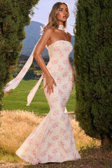 Imogene-Scarf-Detail Strapless Gown in Large Rose Print