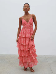 Lissy Ruffle Midaxi Dress - Pink Multi Abstract Print