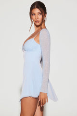 Naples-Embellished Long Sleeve Angled Hem Mini Dress in Blue