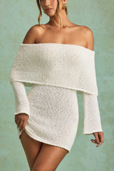 Souline-Bouclé Off-Shoulder Mini Dress in White