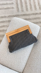 Zoey Thin Stripe Timber Frame Clutch - Black