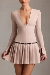 Fiorella-Long-Sleeve Pleated Mini Dress in Mushroom