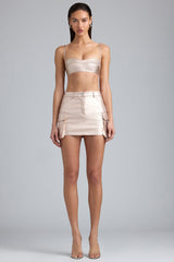 Jaimee-Metallic Denim Mid-Rise Cargo Mini Skirt in Champagne