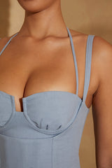 Dovie-Gathered Bust Linen Mini Dress in Light Blue