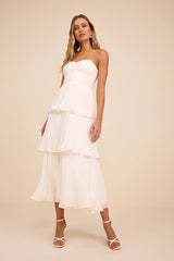 Seriously Sensational White Strapless Tiered Midi Dress
