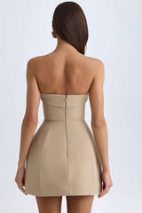 Talina-Foldover-Neck Structured Tulip Mini Dress in Camel