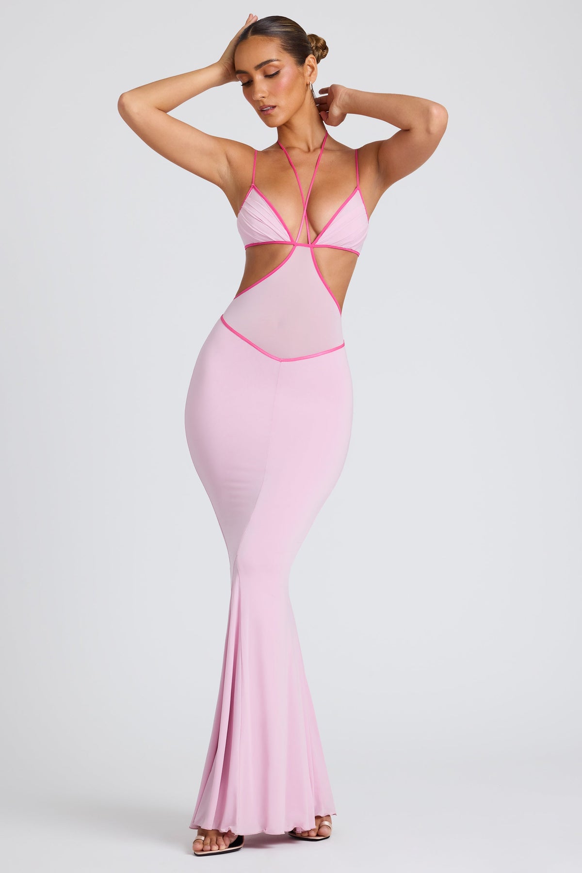 Bella-Contrast Binding Cut Out Evening Gown in Soft Pink