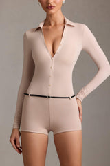 Araceli-Long-Sleeve Playsuit in Mushroom