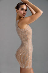 Sindre-Embellished Square-Neck Mini Dress in Almond
