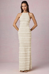 Tove-Ruffled Backless Halterneck Maxi Dress in Ivory