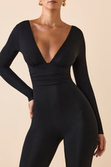 Helene-Modal Ruched Plunge Flared Jumpsuit in Black