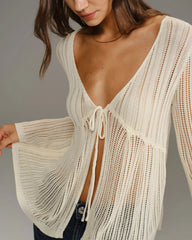 Beige V Neck Bell Sleeve Cardigan