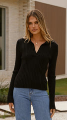 Corbin Collared Knit Top - Black