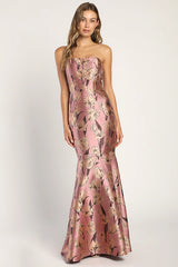 Gowning Around Mauve Floral Jacquard Strapless Maxi Dress