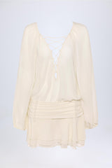 Avalon-Lace-Up Balloon-Sleeve Mini Dress in Ivory