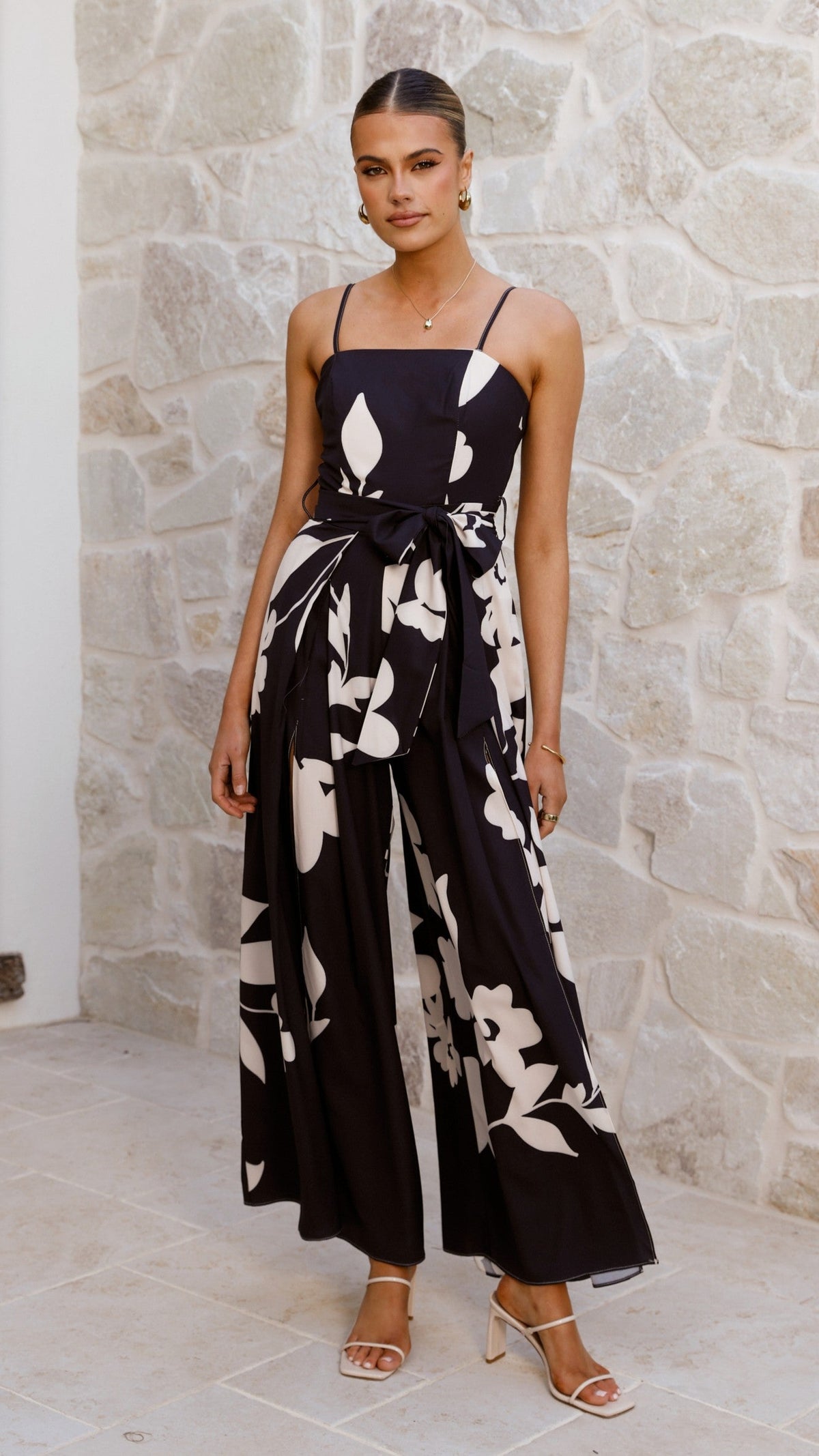 Carson Front Split Strapless Jumpsuit - Black Floral