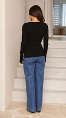 Lyra Long Sleeve Ribbed Top - Black