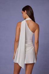 Kiraz-Asymmetric Scarf-Detail Mini Dress in White