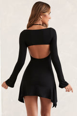 Rene-Long Sleeve Asymmetric Hem Mini Dress in Black