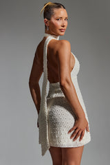 Henrietta-Embellished Scarf-Detail Halterneck Mini Dress in White