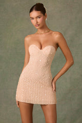 Viela-Embellished Sweetheart-Neck A-Line Mini Dress in Apricot