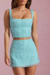 Jianna-Embellished Low-Rise Mini Skirt in Aqua Blue