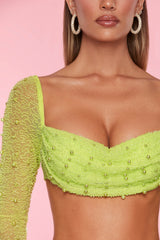La Desirade-Embellished Cowl Neck Crop Top in Lime