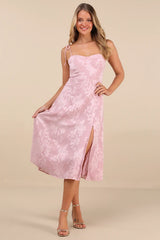 Loveliest Looks Blush Pink Floral Jacquard Tie-Strap Midi Dress