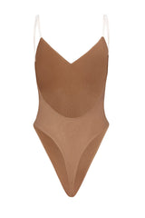Intimates-Soft Mesh V-Neck Bodysuit in Honey