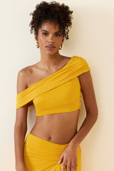 Inga-Asymmetric Ruched Off-Shoulder Crop Top in Golden Yellow