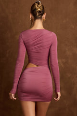 Arlys-Asymmetric Cut-Out Draped Mini Dress in Rose Brown