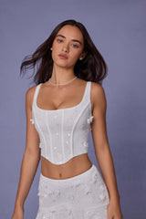 Letitia-Embellished Lace-Up Corset Top in White