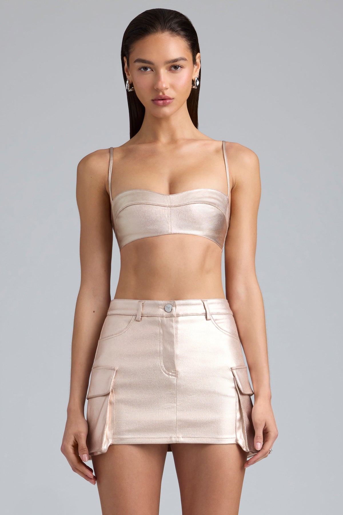 Kennedy-Metallic Denim Cropped Bralette in Champagne