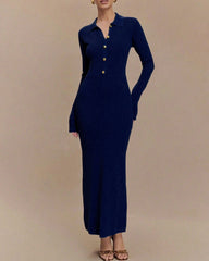 Blue A-Line Button Sweater Dress
