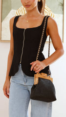 Abby Timber Frame Woven Mini Bag - Black