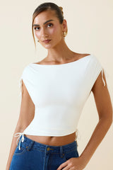 Kaede-Asymmetric Ruched Cowl-Back Crop Top in Vanilla