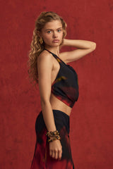 Keika-Halterneck Cowl Crop Top in Red Blurred Print