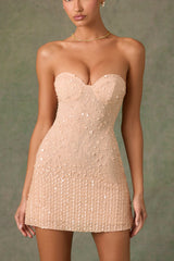 Viela-Embellished Sweetheart-Neck A-Line Mini Dress in Apricot