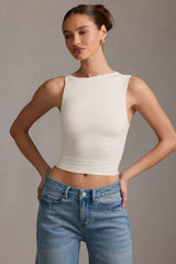 Kirbie-Asymmetric Ruched Tank Top in Vanilla