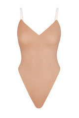 Intimates-Soft Mesh V-Neck Bodysuit in Warm Peach