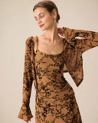 Brown Floral Two-piece Midi Dress