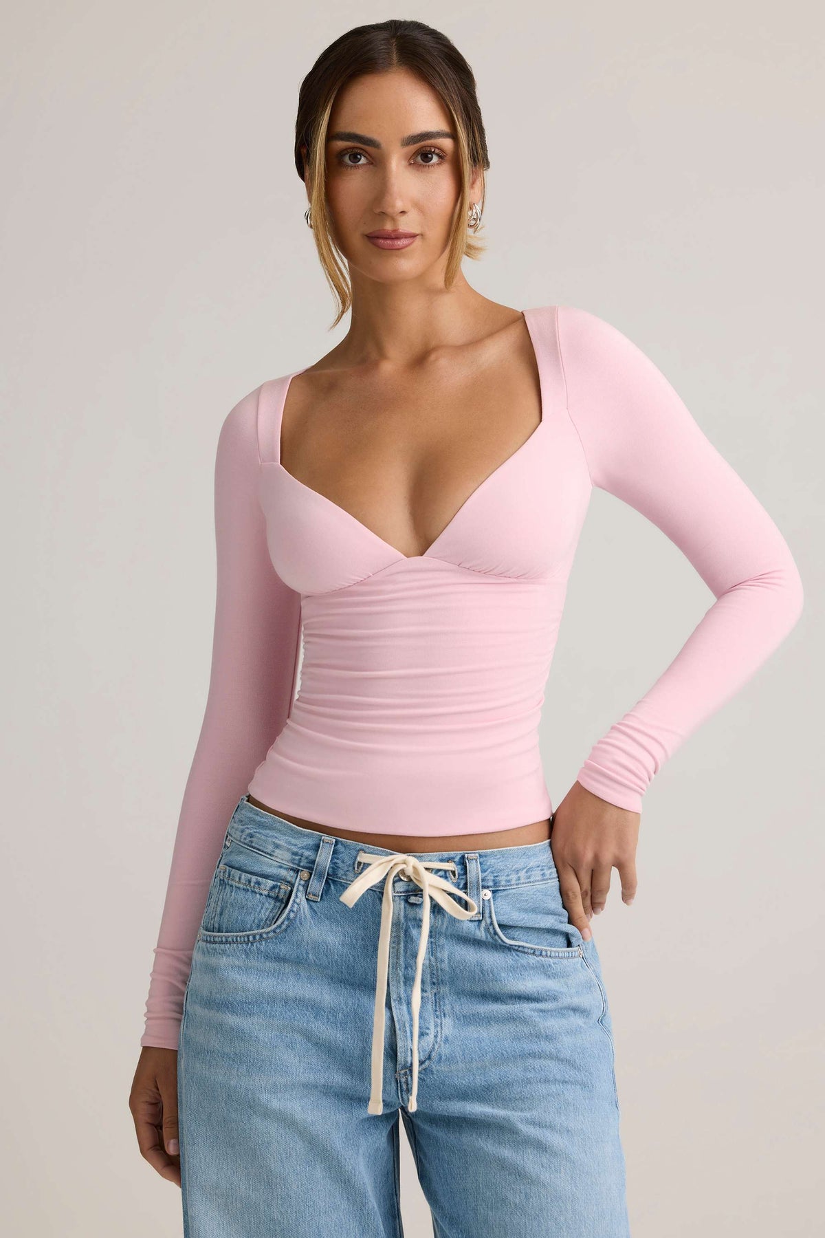 Emry-Modal Ruched Long-Sleeve Top in Baby Pink